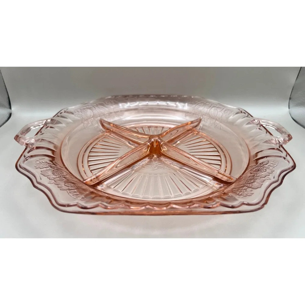 Vtg‎ Hocking Glass Mayfair Pink Depression Glass Divided Relish Tray 10